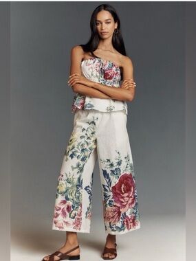 Floral Wide-Leg Linen Jumpsuit Pants - White with Floral * Anthropologie *
